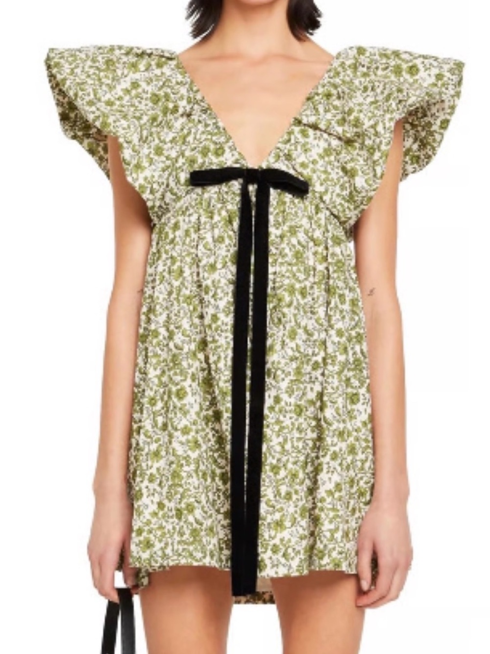 Babydoll: Didi dress Floral V-Neck Mini Dress with Black Velvet Tie
